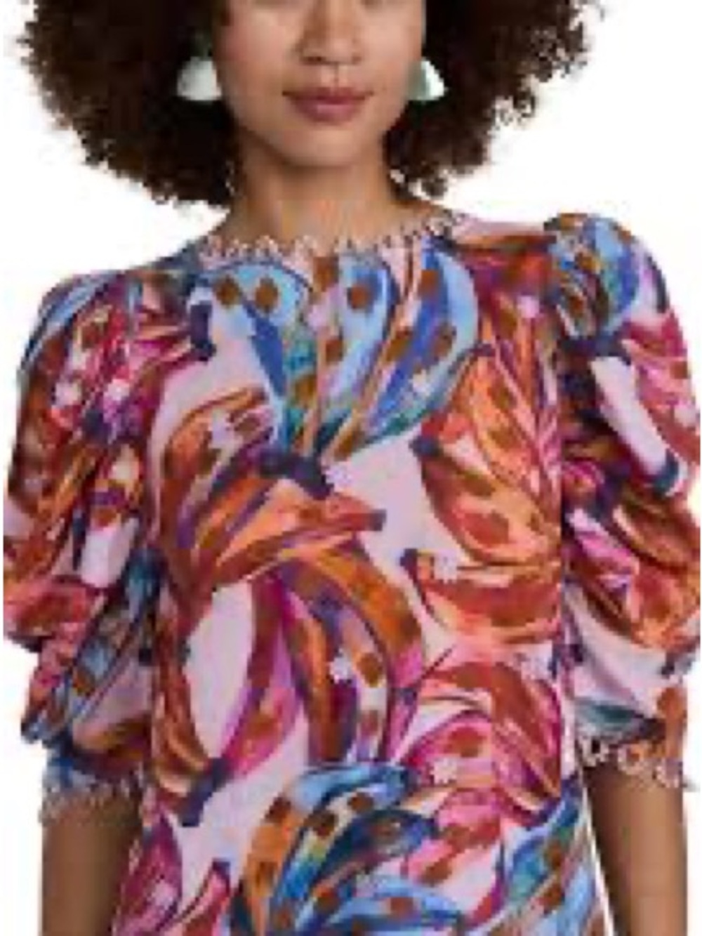 FARM Rio Pink Multi-Color Tropical Puff Sleeve Blouse